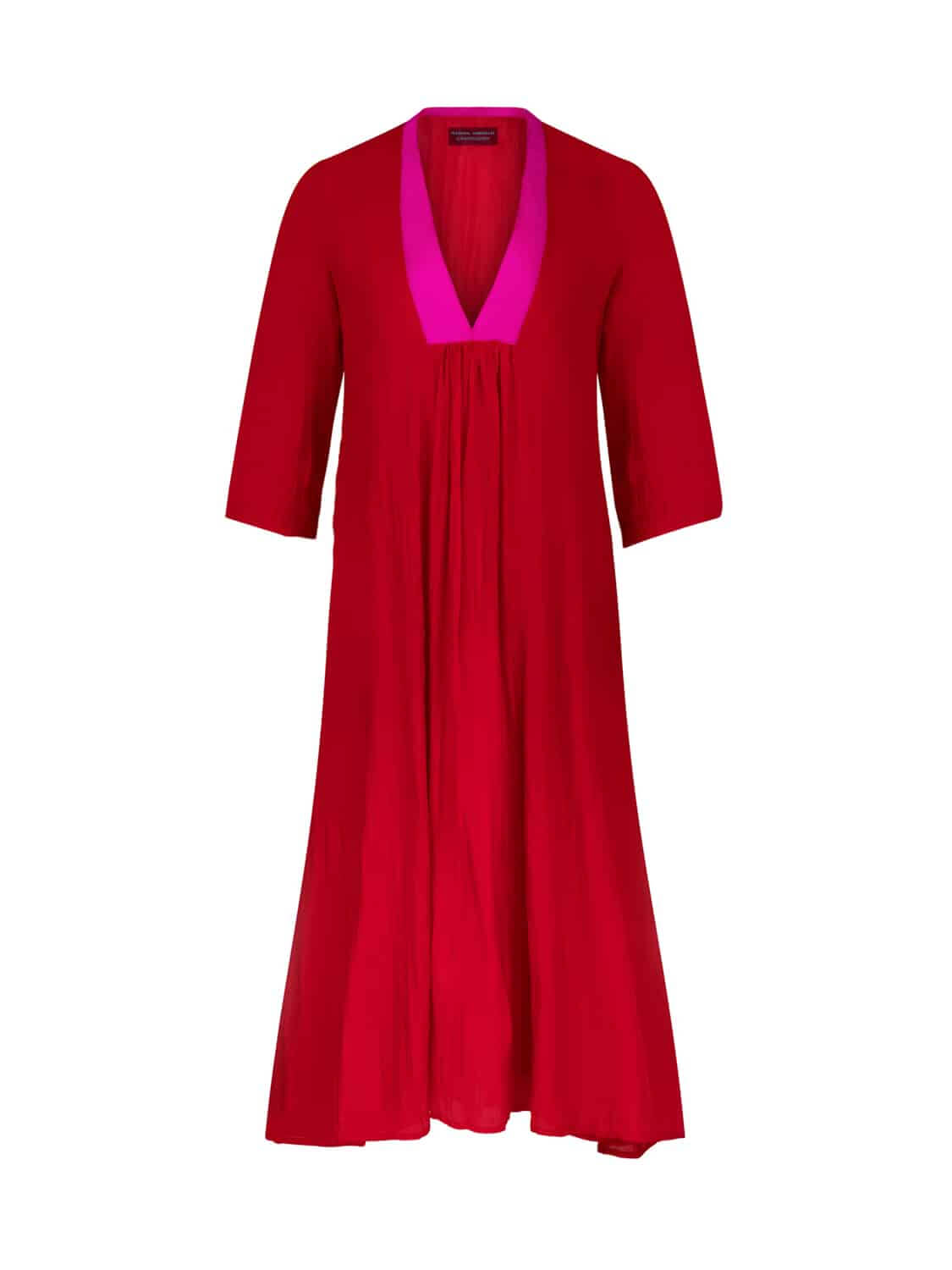 PATTY DRESS SILK PLAIN RED-STICHING FUXIA